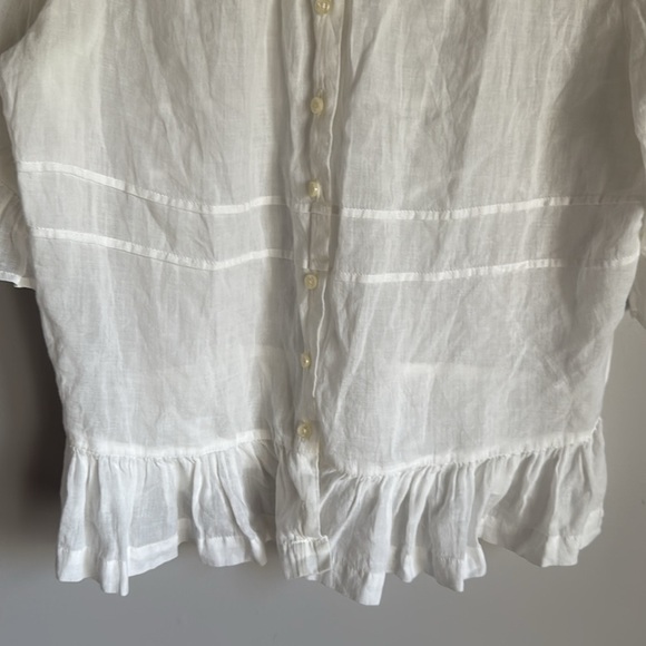 TROVATA BIRDS OF PARADISE Linen blend Button Front Ruffle Hem Blouse medium - Picture 4 of 11